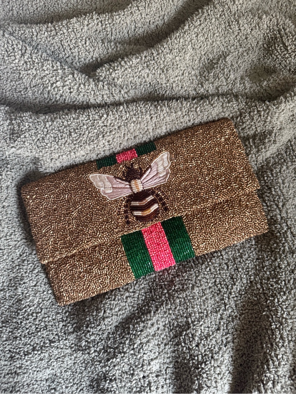 Moyna Gold Beaded Bee Clutch with Green & Pink Accents